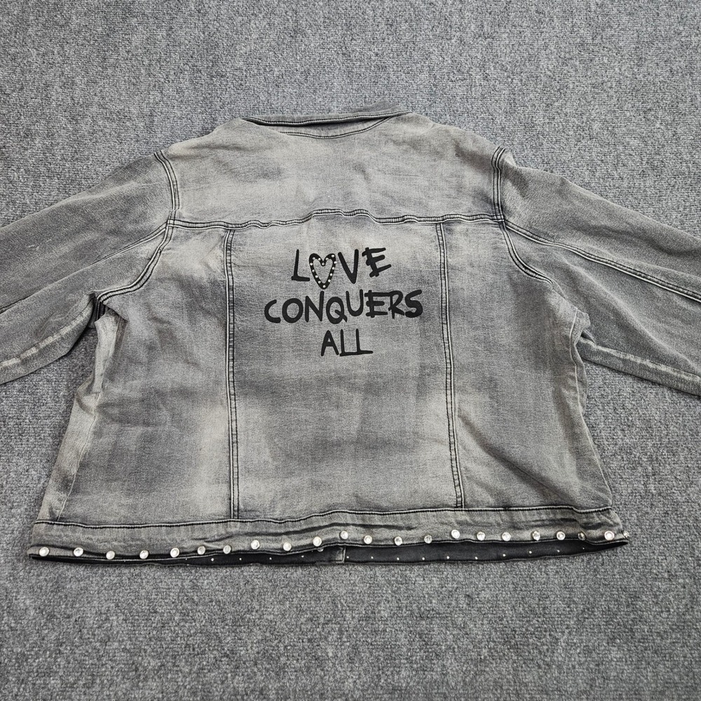 Ashley Stewart Custom Graphic‎ Denim Jacket 26/28 Studded Cropped Statement Love - Picture 6 of 8